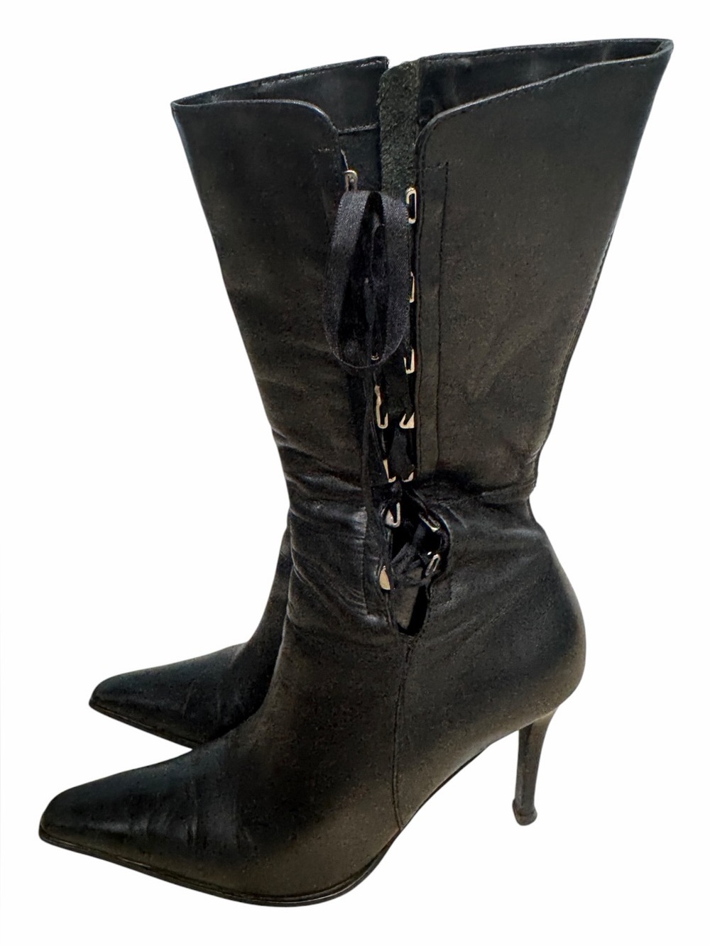 Bakers Vintage Black Leather Lace-Up Pointed Toe Stiletto Mid-Calf Boots US 8